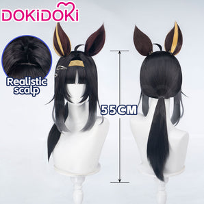 【Ready For Ship】DokiDoki Game Cosplay Wig Long Straight Black Hair Ponytail Brown Yellow Detachable Ears