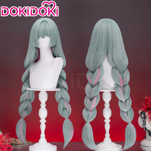 DokiDoki Game Wuthering Waves Cosplay Phrolova Wig Long Green Hair Pink Highlights Double Ponytails