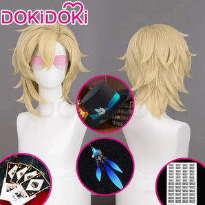 【Wig Ready For Ship】DokiDoki Game Honkai: Star Rail Cosplay Aventurine Wig / Ear Clip / Hat / Bracelet Short Straight Yellow Hair Shajin/ Tattoo Stickers / Glasses Sunglasses / Poker Prop