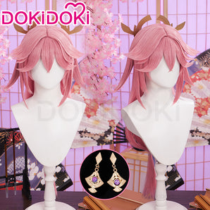【Ready For Ship】DokiDoki Game Genshin Impact Yae Miko Cosplay Wig Long Dark Pink/ Earring