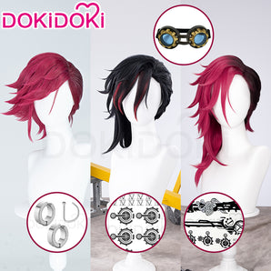 ăPartially Ready For ShipăDokiDoki Game Cosplay Cosplay Wig / Earrings / Nose Ring / Tattoo / Goggle Curly Red / Young Version Black-Red / Gradient Color Matching Reverse Warping