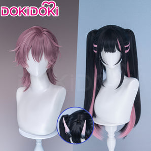 【Partially Ready For Ship】DokiDoki Anime Cosmic Princess Kaguya! Cosplay Komazawa Noi Wig Long Straight Black Pink Purple Highlight Hair Twin Tails / Horn Accessory