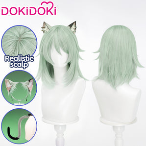 ăWig Ready For ShipăDokiDoki Anime Chainsmoker Cat Cosplay Sato Yaniko Wig / Ears / Tail Short Curly Pale Green Hair Yani Neko